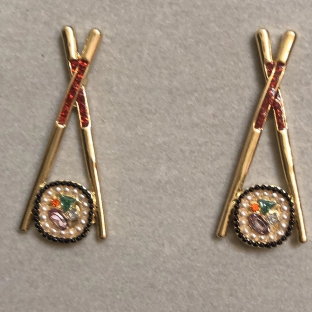 BaubleBar Gold Tone Chopsticks & Sushi Roll Drop Earrings Crystal Accents NIB - Picture 7 of 10